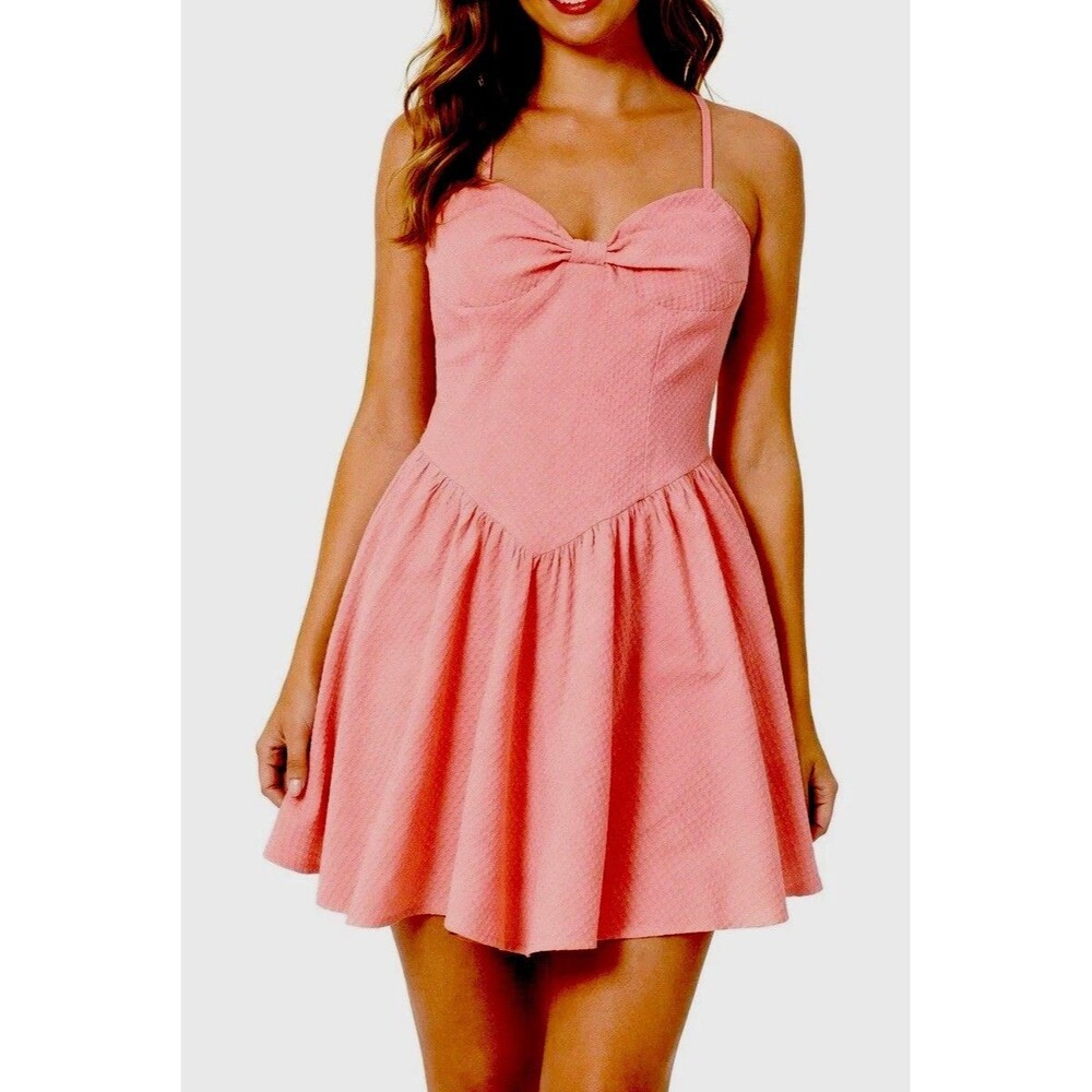 Pink Mini Dress Womens Size 4 Fit Flare Bow Front Spaghetti Strap Coquette Y2K
